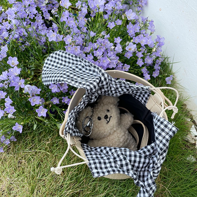 Túi Đeo Vai Đan Rơm Đính Nơ Họa Tiết Sọc Caro Thời Trang Cho Nữ