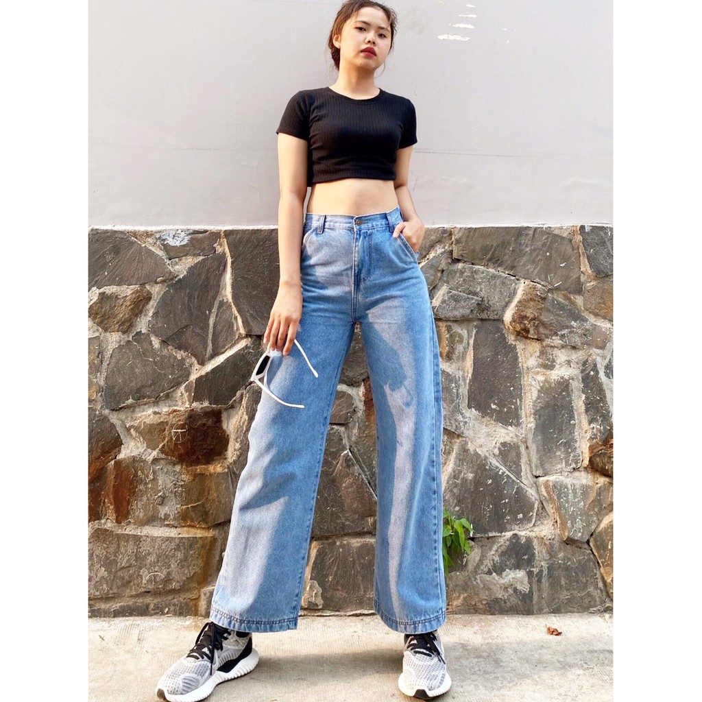 Quần Jeans Nữ Ống Rộng Lưng Cao Túi Xéo Dáng Suông (có lưng chun phía sau linh động eo)