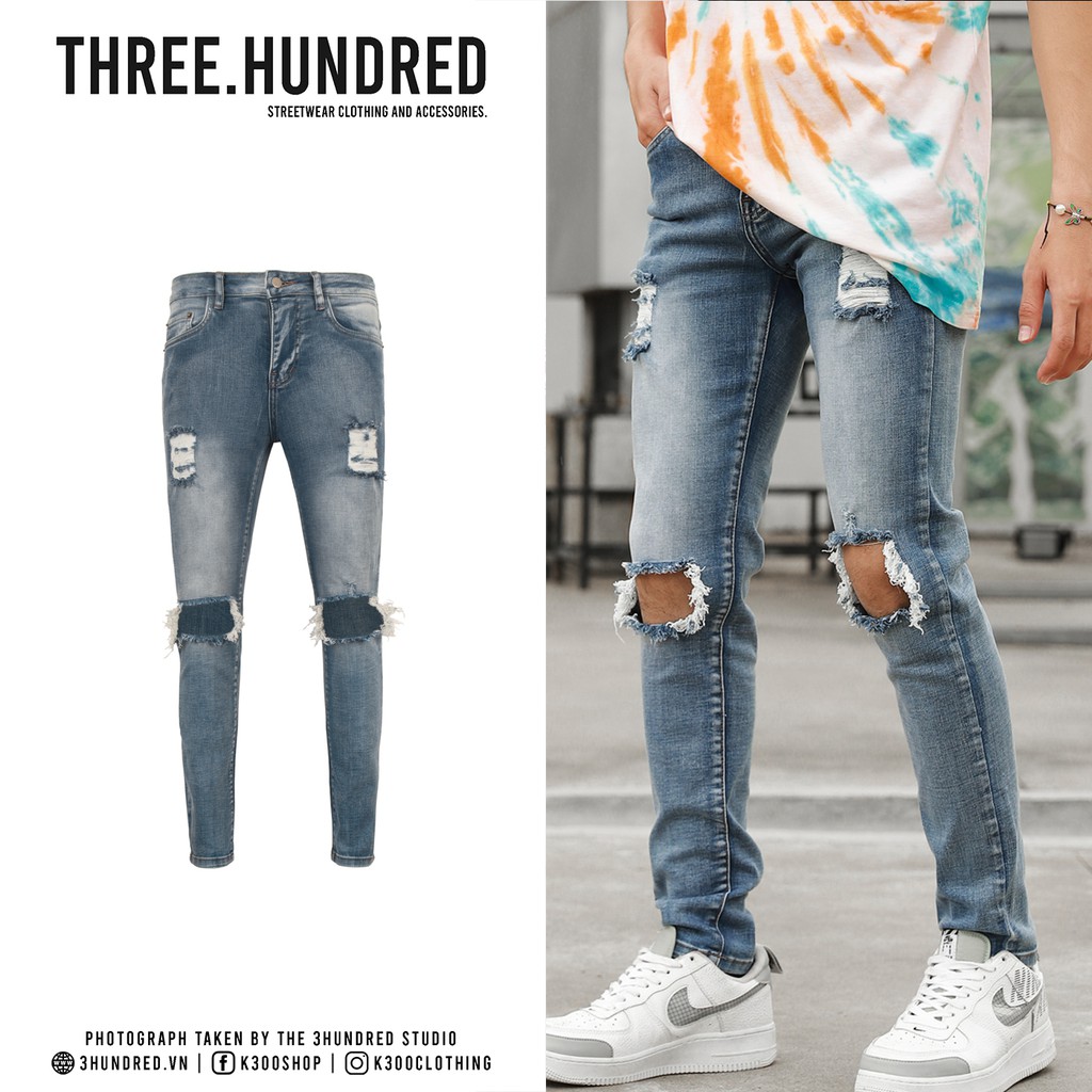 Quần Jeans Skinny Xanh Đậm Rách To Ngang Gối