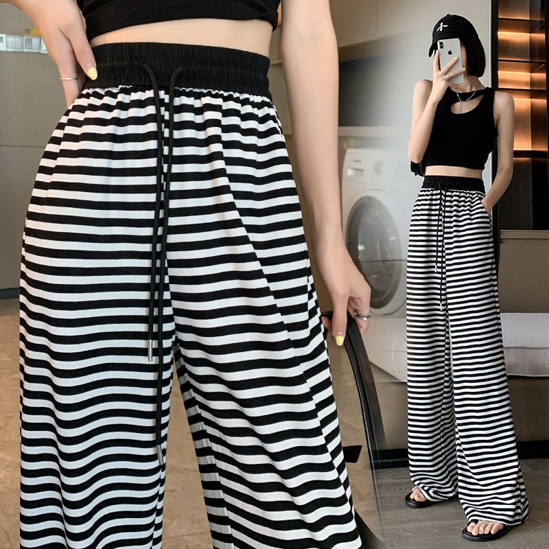 Quần Thể Thao Dài Lưng Cao Ống Suông Họa Tiết Kẻ Sọc