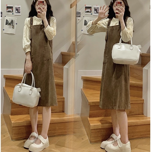 Váy Yếm nữ Nhung tăm Dáng Dài form rộng xẻ vạt sau Phong Cách Hàn Quốc, yếm nữ dáng váy nhung tăm dài rộng có túi