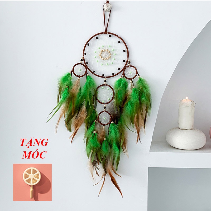 Dreamcatcher Trang Trí Lông Vũ Kiểu Vintage Có Đèn Led Tặng Kèm Móc Dán Tường