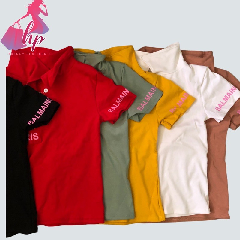 áo thun nữ cổ bẻ ôm body phom thường in hoạ tiết mẫu mới 2021