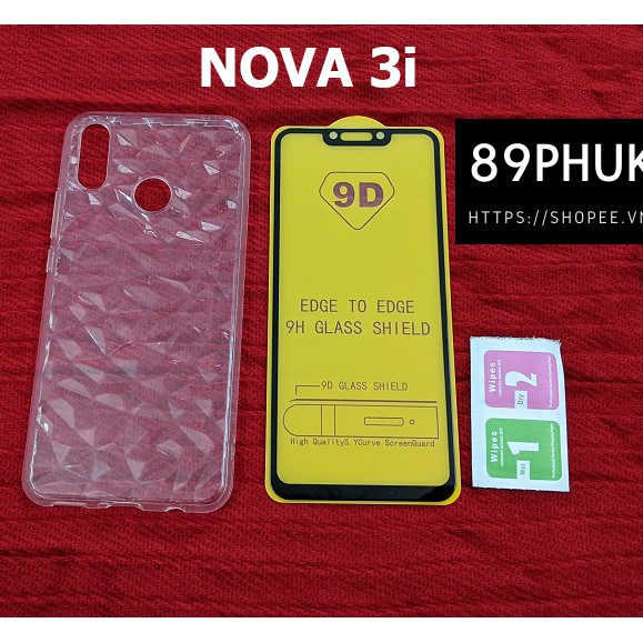 Combo kính cường lực full màn hình ốp lưng vân kim cương Huawei Nova 3i