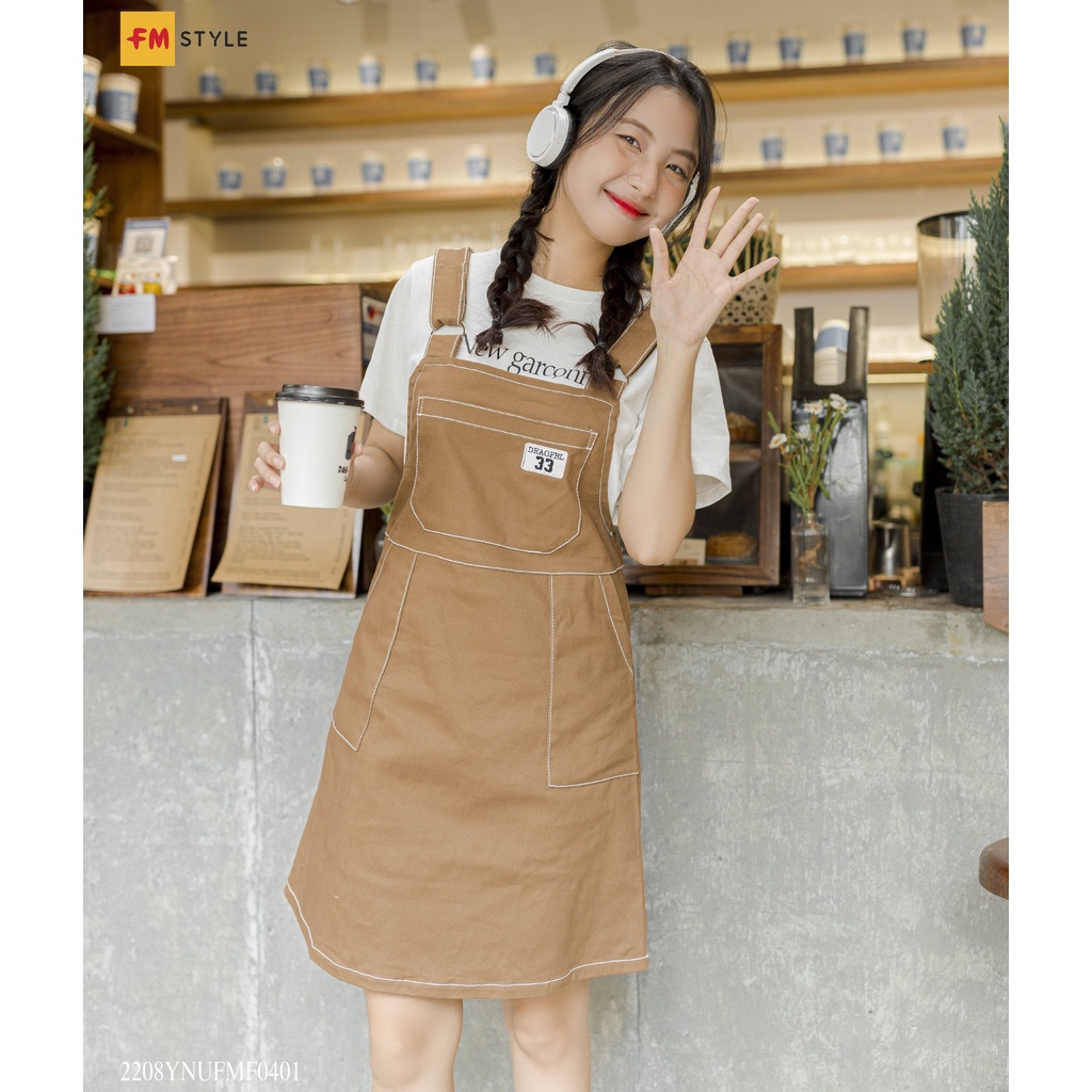 Váy yếm nữ FM Style chất kaki 1 túi thêu hình phối chỉ viền phong cách dễ thương hàn quốc 208040074