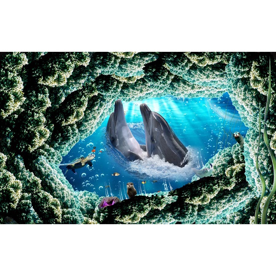 Tranh 3D Dán Tường Đại Dương Chèn Chữ Miễn Phí