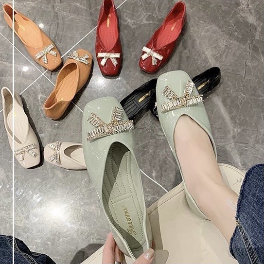 Giày bệt nữ 💎SALE💎 giày búp bê công sở xinh đính đá nơ mũi tròn đẹp da bóng đế chống trơn hàng nhập khẩu cao cấp | BigBuy360 - bigbuy360.vn