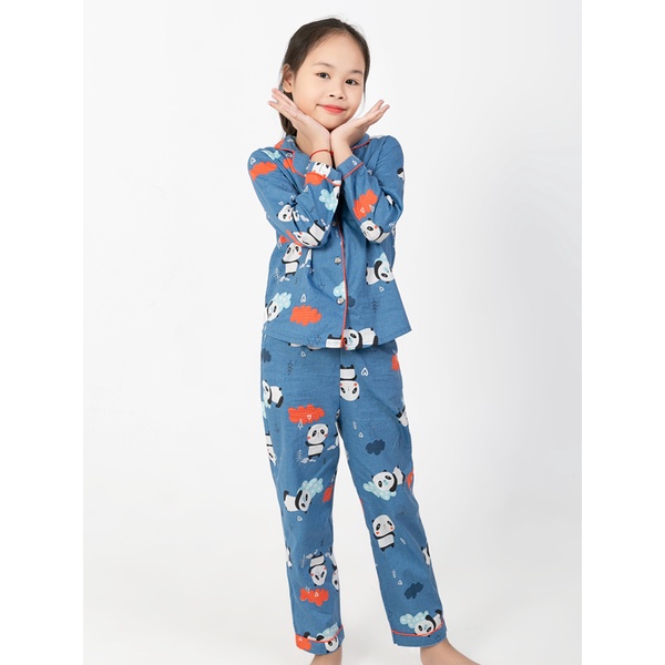 Pijama bé gái áo dài quần dài màu xanh hình gấu trúc Panda