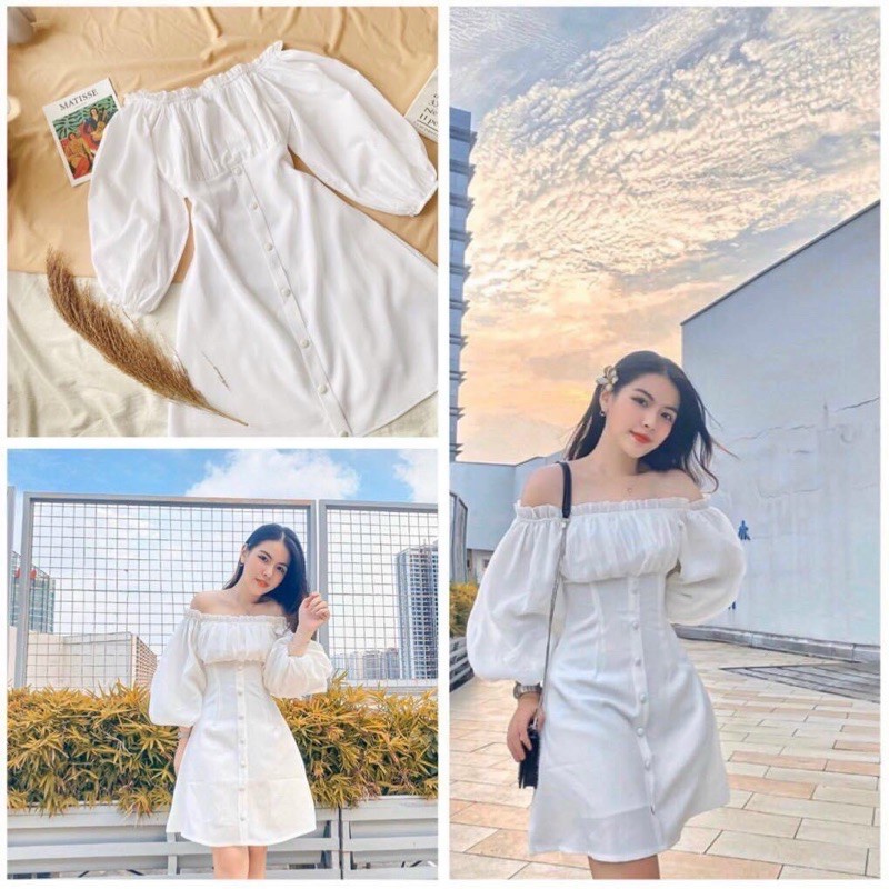 Váy trắng, váy babydoll trễ vai tiểu thư tay bồng hở lưng, mặc đi biển, đi chơi, đầm dự tiệc sang trọng siêu xinh,VAY003