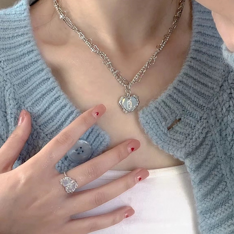 Bộ Nữ Trang Dây Chuyền Khuyên Tai Vòng Cổ Mặt Trái Tim Tách Đôi Màu Xanh Dương