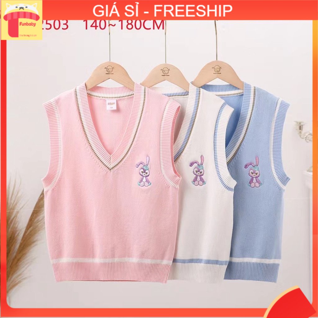Áo gile len bé gái size đại 8-16 tuổi cổ tim viền kẻ thêu thỏ, Gile len cho bé đanh sợi không bai xù dáng thời trang