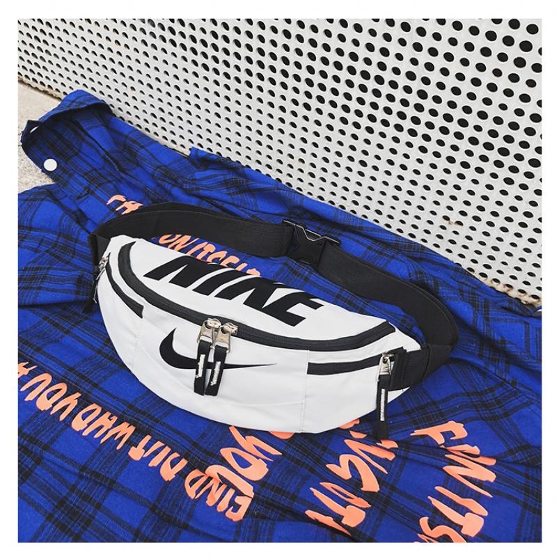 NIKE Black blue sling bag thin shoulder strap waist bag, large letter waist sling, two-way zipper men's bag, women's bag, school