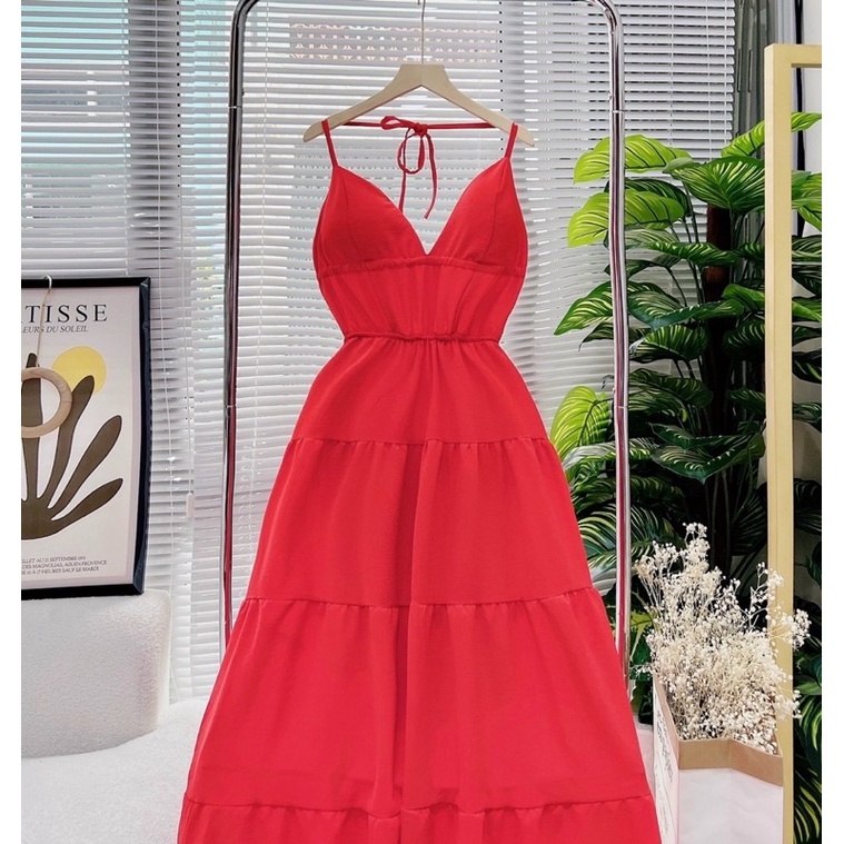 Đầm maxi đũi 2 dây hở lưng / Đỏ / Maxi đi biển, đi chơi