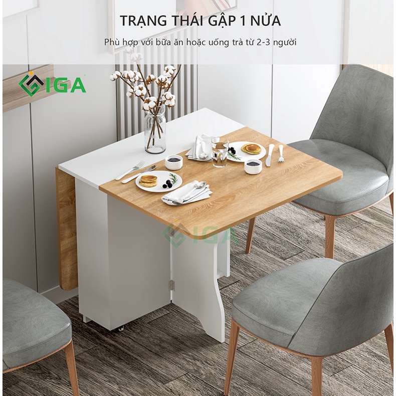 Bàn ăn gỗ thông minh gấp gọn có kệ và bánh xe phòng bếp/phòng khách hiện đại- BATM5