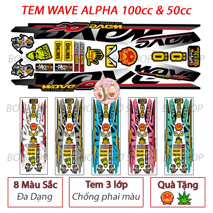 Tem rời Wave Alpha 100cc & 50cc  Nhiều lựa chọn màu sắc - Tem 3 lớp chống phai màu Mẫu 913300