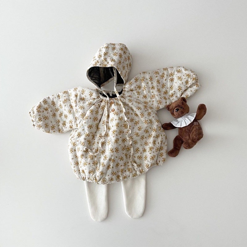 Ins Hot Sale Kids Girls Floral Thicken Romper +Hat