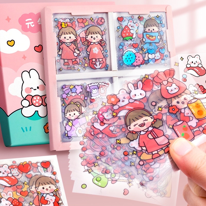 Hộp 100 tấm sticker dán cô gái dễ thương trang trí sổ tay, laptop, ốp điện thoại...