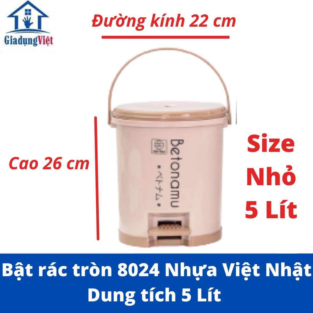 Thùng Rác Tròn Nắp Bật Phong Cách Nhật, Dung Tích 5 - 10 Lít Nhựa Việt Nhật