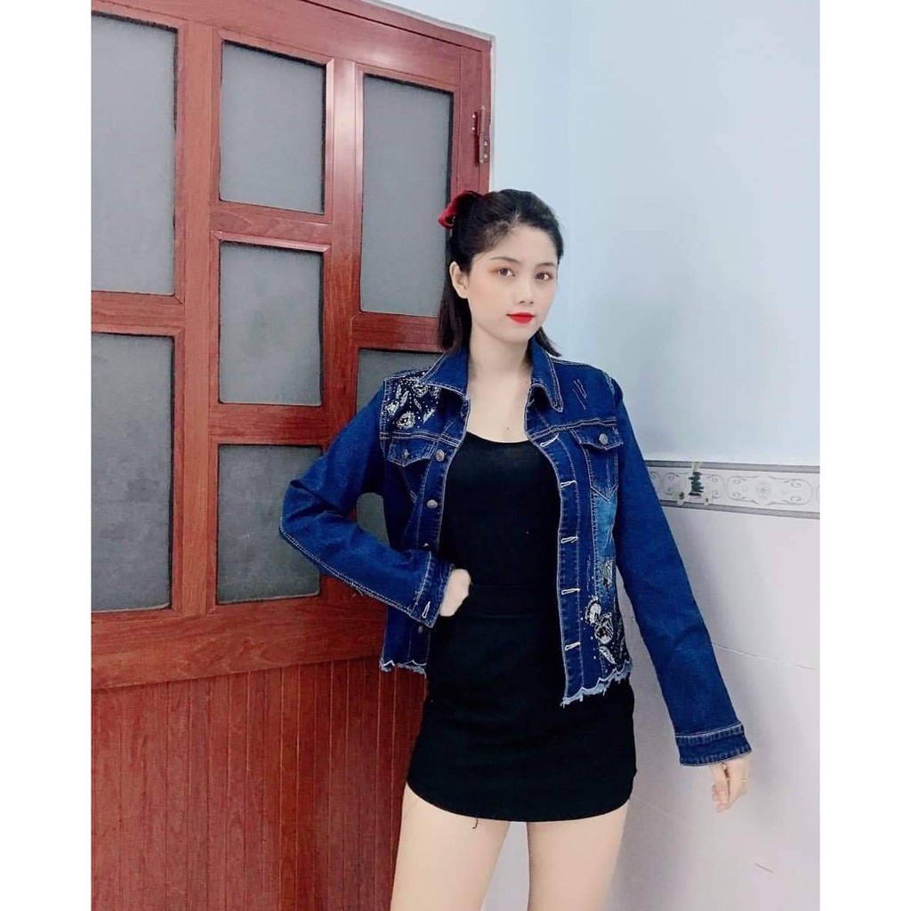 Áo khoác jean nữ thêu hoa hồng lai gợn sóng hàng jean co giãn