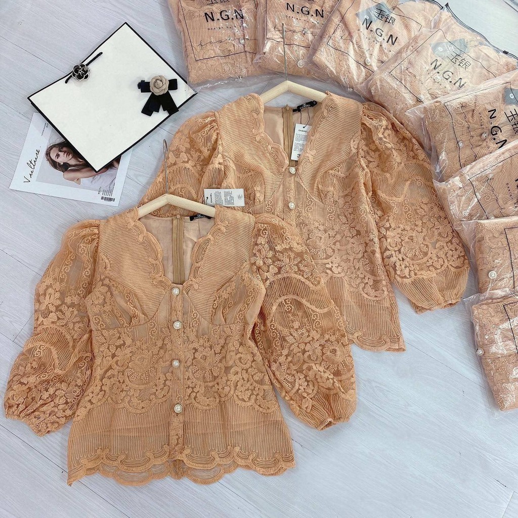 Áo ren dài tay màu cam đất tiểu thư tay lỡ size S đến 3XL