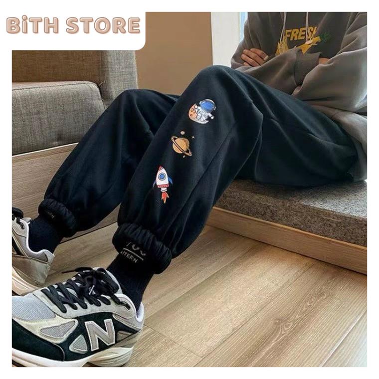 Quần Thể Thao Jogger Ống Thụng In Hoạt Hình Hai Màu Bo Gấu Phong Cách Hàn Quốc