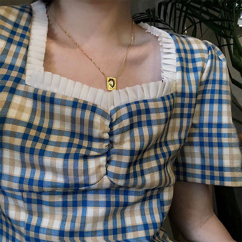 Xiaozhainv Đầm tay phồng ngắn cổ vuông họa tiết sọc caro thời trang Hàn Quốc dành cho bạn nữ | BigBuy360 - bigbuy360.vn