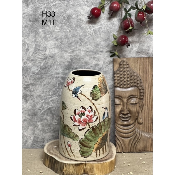 Bình hoa gốm dáng chuông men mộc vẽ tay- Gốm sứ Bát Tràng.