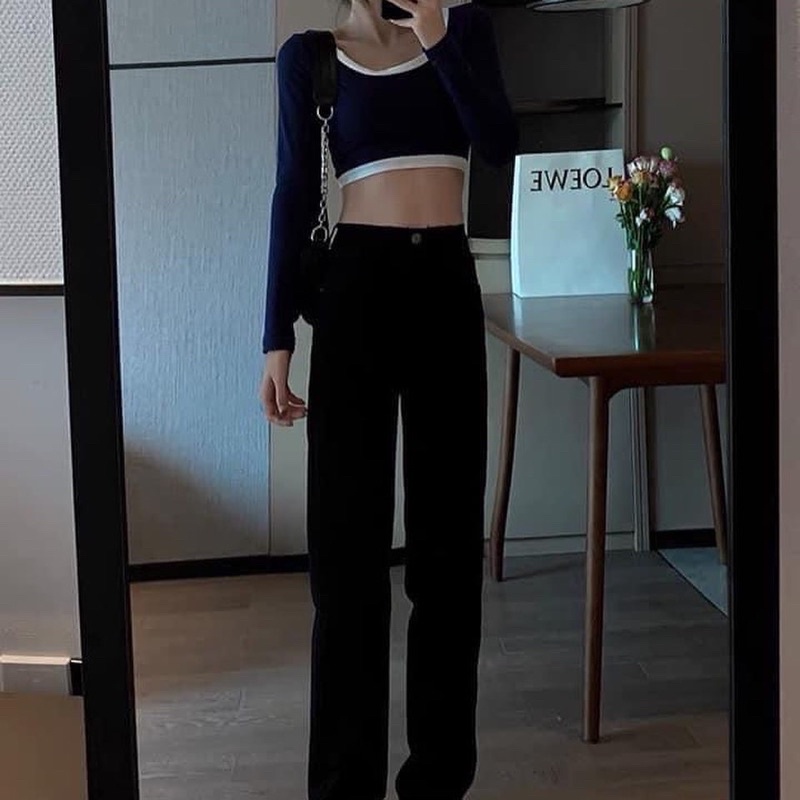 Quần jeans ống suông màu Đen, quần jeans ống rộng phong cách ullzang