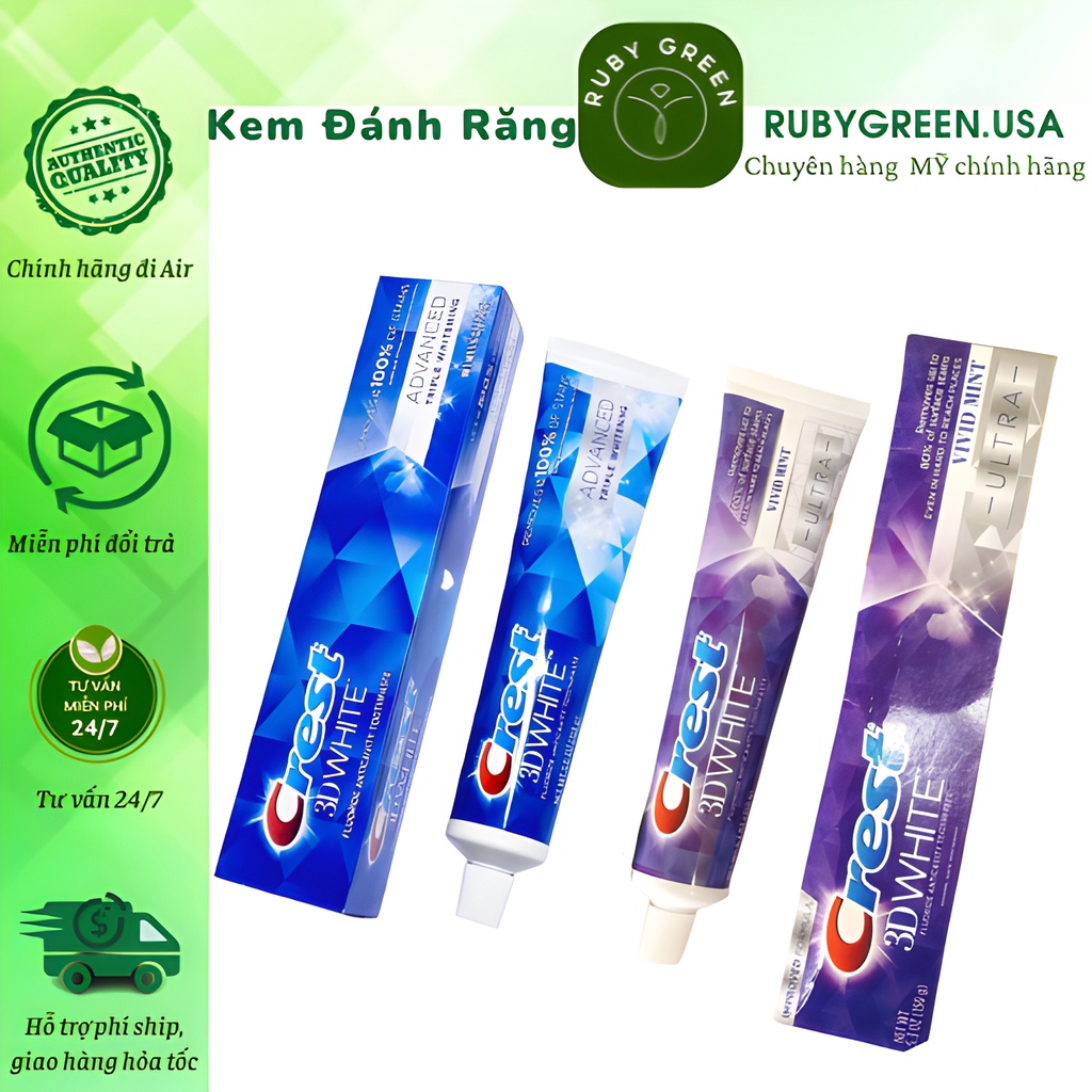 Kem Đánh Răng CREST 3D WHITE White Vivid Mint Ultra, Advanced