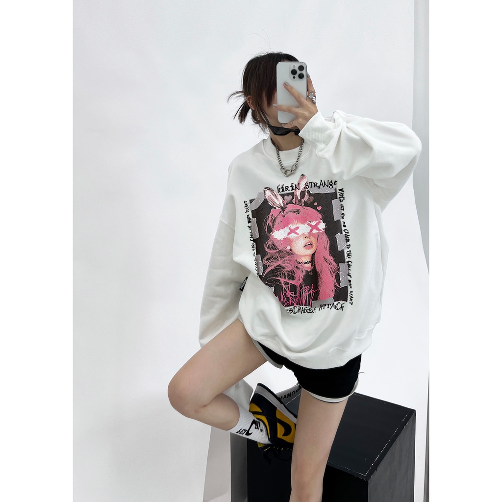 FOCUS Áo Nỉ harajuku vintage trắng bigsize unisex áo dài tay mẫu hot trend mùa Đông 100%cotton