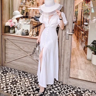 Đầm maxi trắng nút bọc xẻ tà