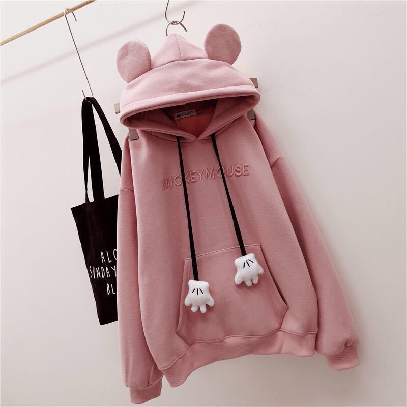 Áo hoodie dáng rộng có mũ trùm đầu mùa thu đông dễ thương kiểu tai thú cho nữ