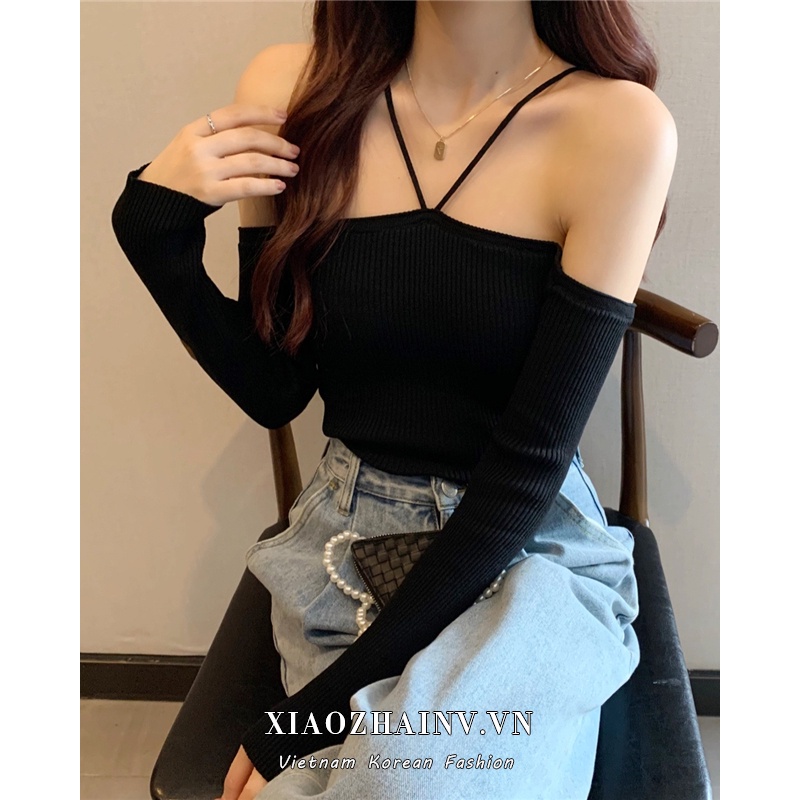 Xiaozhainv Áo Croptop Dệt Kim Trễ Vai Tay Dài Phong Cách Thời Trang Hàn Quốc Với 5 Màu Lựa Chọn