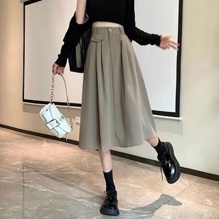 Chân váy kaki form xòe dài qua gối vintage phong cách Hàn Quốc