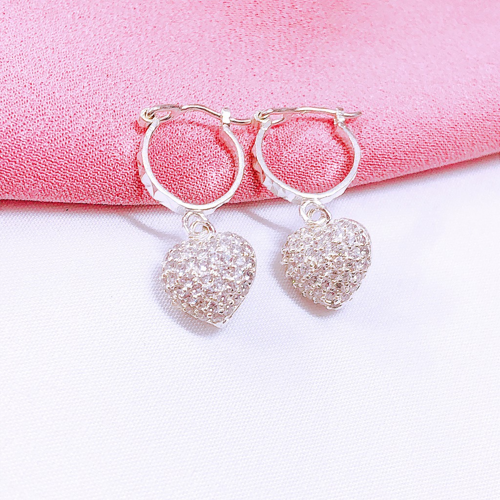 Bông tai bạc thật nữ JQN mặt trái tim nạm đá nhỏ cực xinh