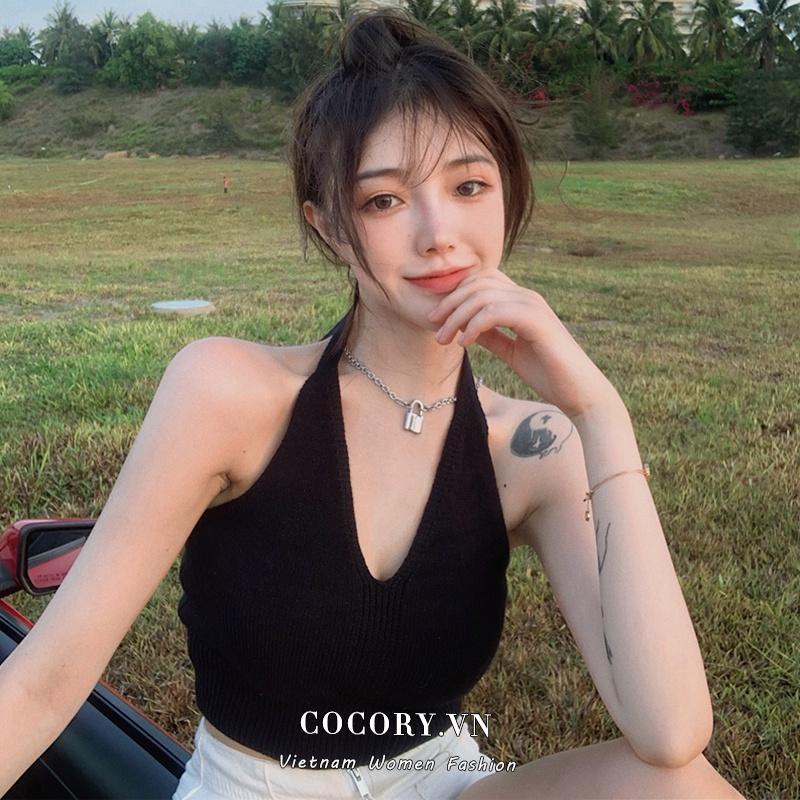  【Cocory】 Áo croptop dệt kim hai dây cổ chữ V thời trang gợi cảm cho nữ