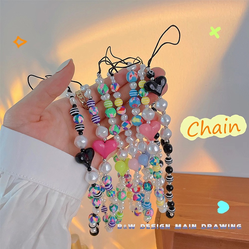 【Chất Lượng Cao】Dây Đeo Điện Thoại Chuỗi Hạt Hình Ngôi Sao/Trái Tim Nhiều Màu Sắc Phong Cách kpop Thông Dụng