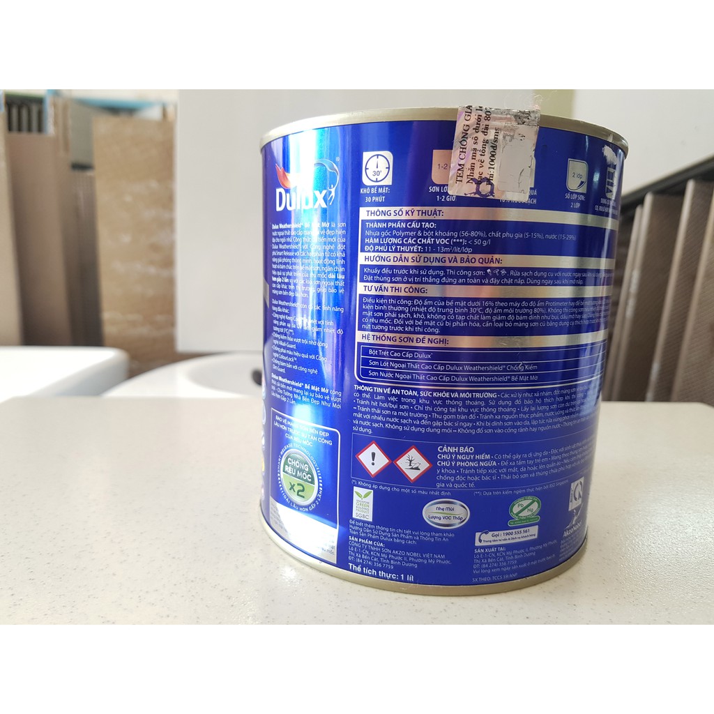 [TẶNG CỌ VÀ LĂN] Sơn tường ngoại thất Dulux WeatherShield, trắng mờ, 1 lít, không lo bị rạn nứt