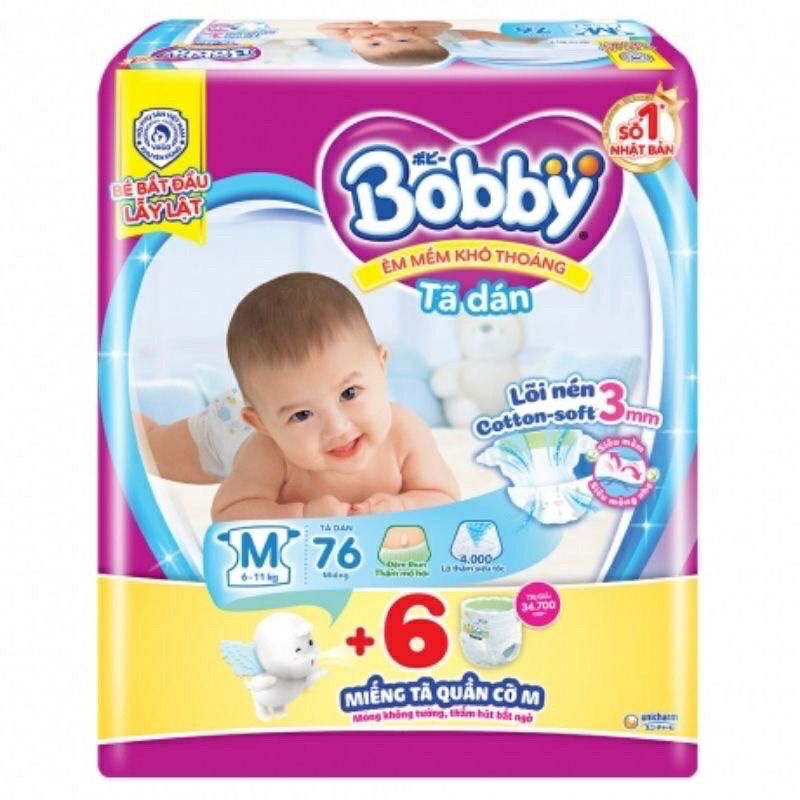 《HCM》Tã / Bỉm dán Bobby siêu mỏng : S54+6 / S80+4 / M46+6 / M76+6 / M76 / L40+6 / L68+6 / XL62 / XXL56