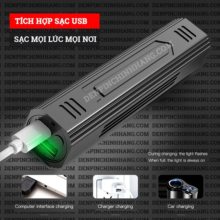 Đèn pin mini siêu sáng D66 T6 hỗ trợ sạc điện thoại