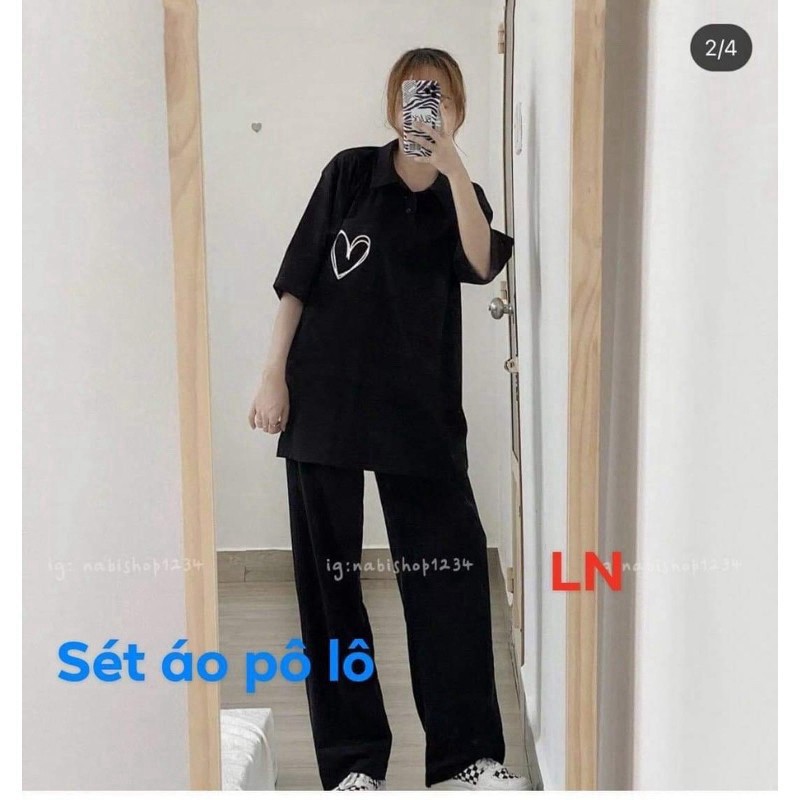 Sét áo polo tim lồng+quần ống rộng dài LN12