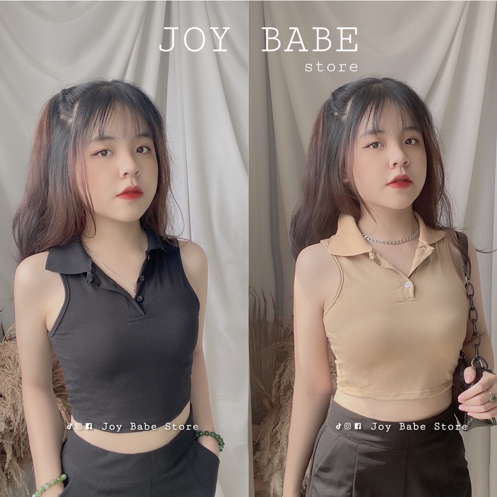 Áo croptop ba lỗ cổ bẻ JOY BABE 🌵 cúc áo tháo rời style basic cá tính 🔥kiểu nút gài cổ trụ đen ba lổ 3 lỗ cọc tay CROB 4