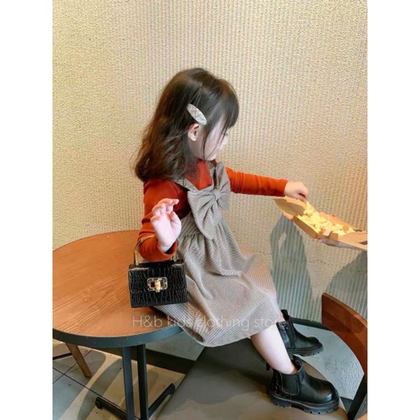 [Xả hàng] Sét yếm kẻ Hàn Quốc cho bé gái, sét váy yếm thu đông giáng sinh áo dài tay thu đông cho bé gái