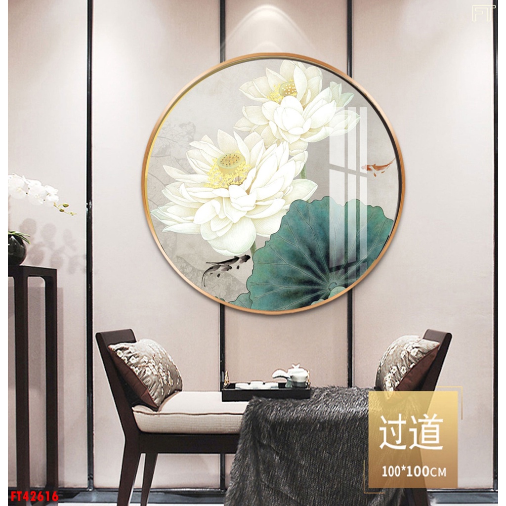Tranh tròn hoa sen FT42616L4TP  chất liệu tráng gương hoặc vải canvas - Tranh treo tường - THUẬN PHÁT