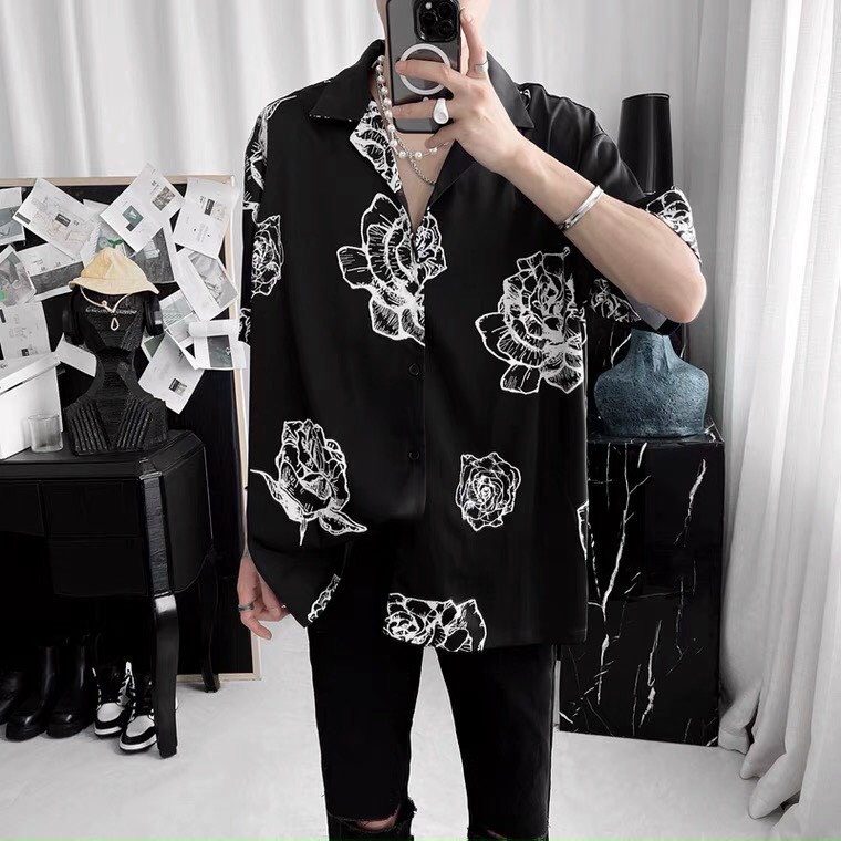 Áo sơ mi unisex chất vải lụa nam nữ đều mặc được HỌA TIẾT HOA HỒNG cực đẹp