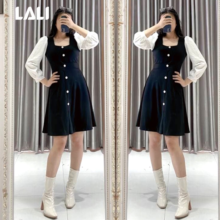 Đầm cổ vuông tay dài đính nút, đầm kiểu cổ vuông tay bồng đính nút LALI