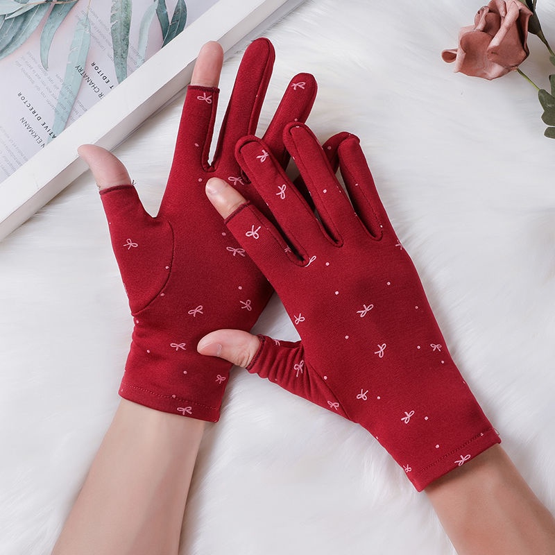 Găng tay hở ngón hai ngón bằng vải nhung cotton dày dặn chống lạnh chống gió mùa thu đông cho nữ