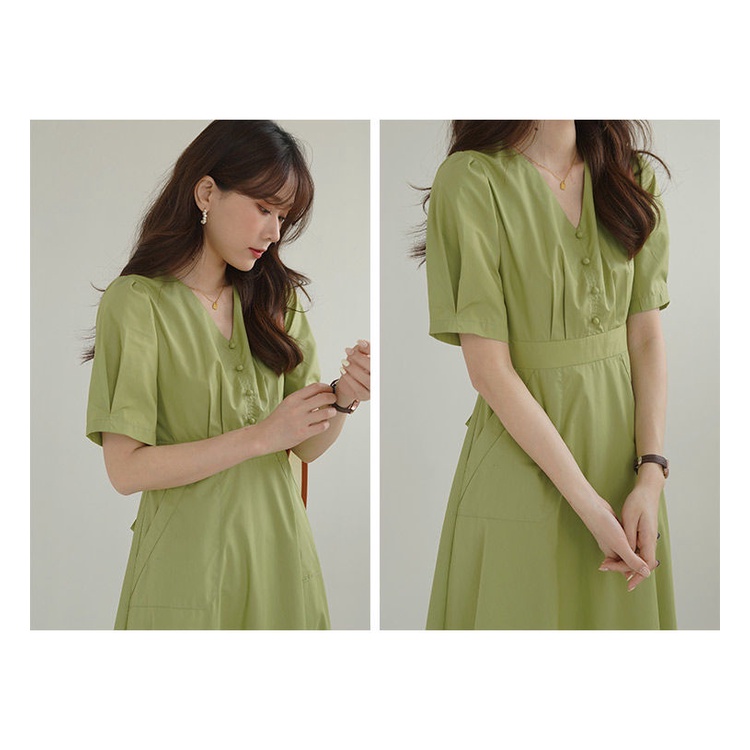 Đầm Midi Dáng Chữ A Tay Ngắn Cổ Chữ V Màu Xanh Lá Phong Cách Retro