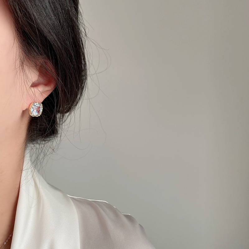 Khuyên Tai Hình Vuông Đính Đá Kim Cương Lấp Lánh Phong Cách Retro Hàn Quốc Mới