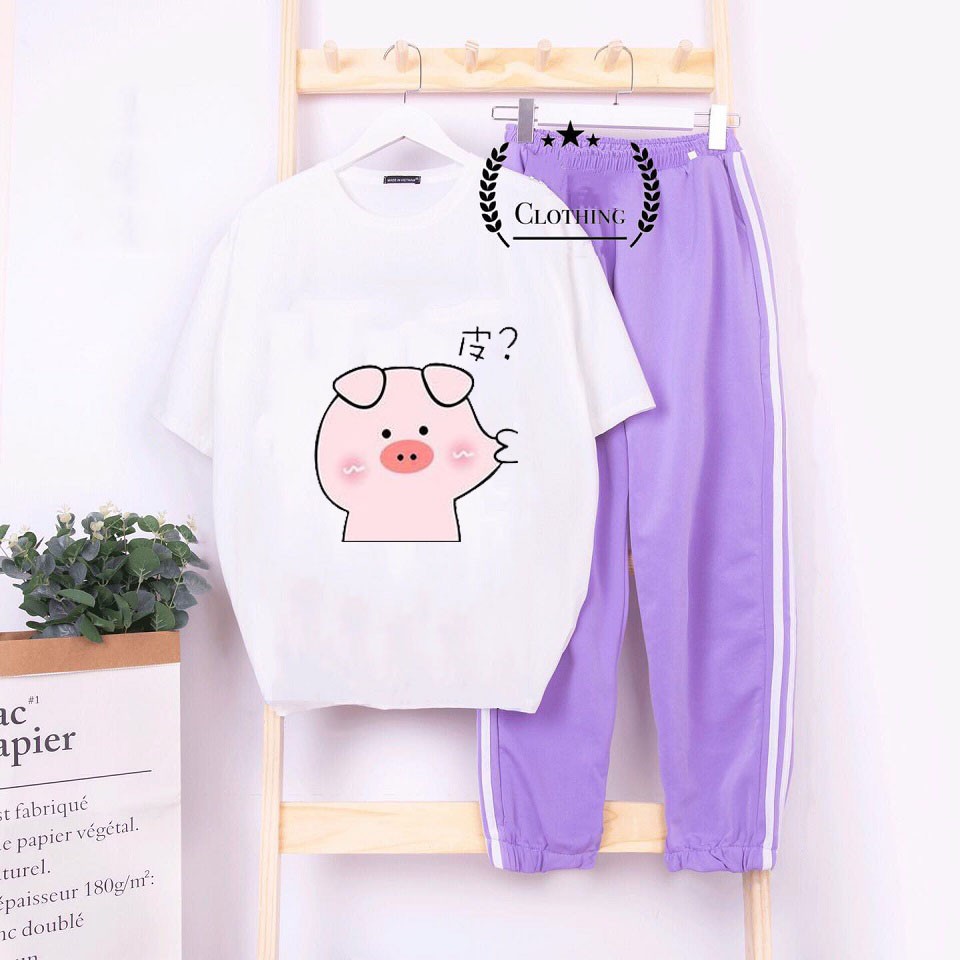 Sét Bộ Đồ Thời Trang Nữ Mặc Đi Chơi Dạo Phố Mùa Hè, Áo Phông Cotton In Lợn Bẹo Má Kèm Quần Dài Phong Cách Teen Hàn Quốc